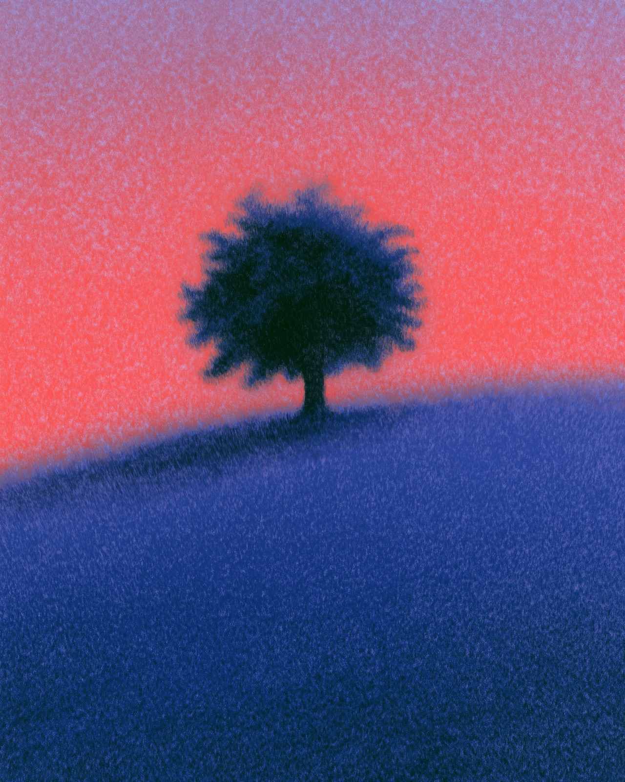 A lone ancient cork oak on a hillside under a coral and violet twilight